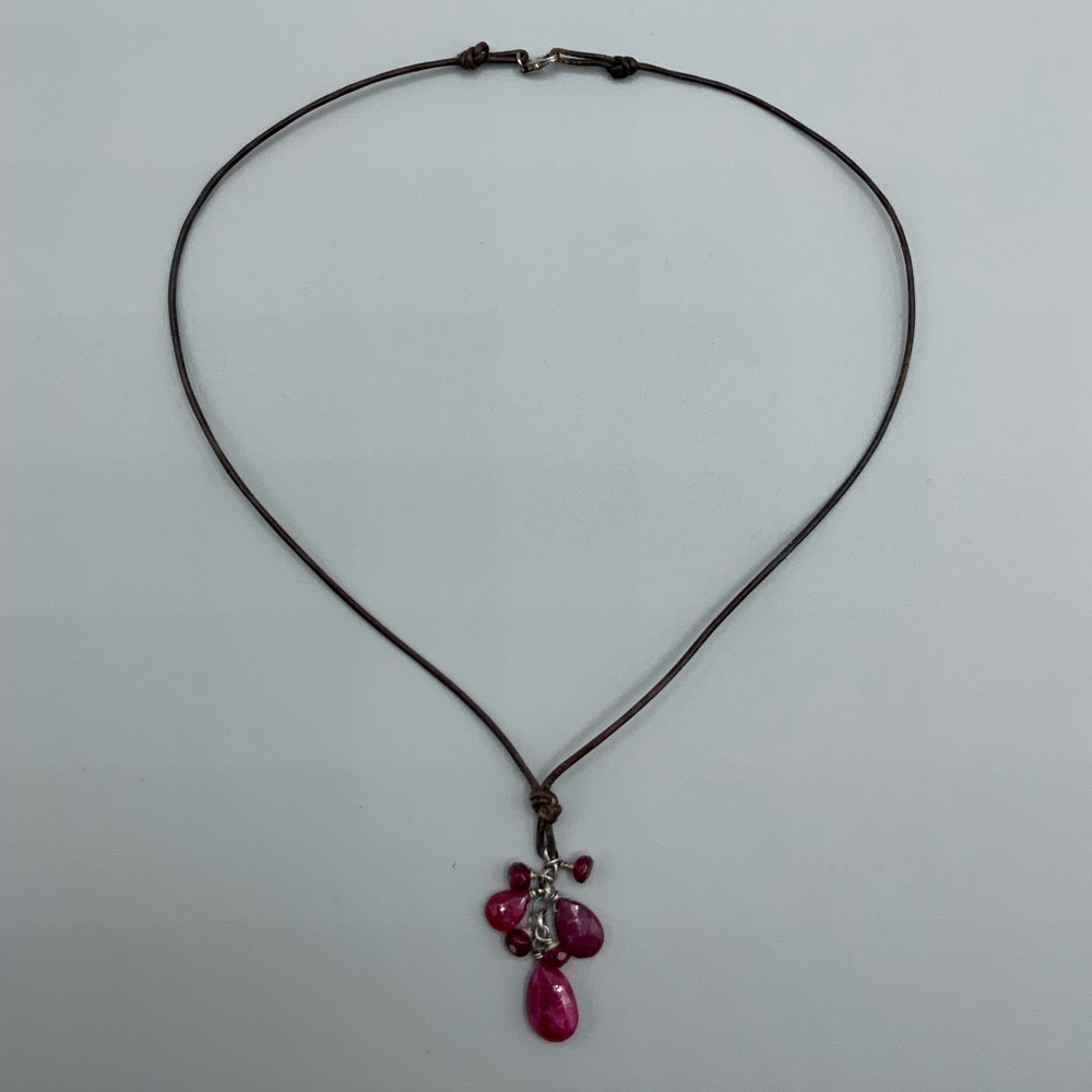 Sundance Catalog Ruby and leather necklace sterling silver